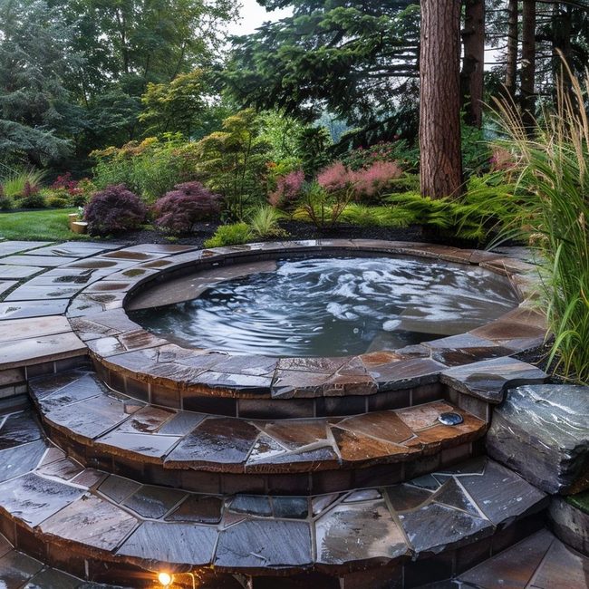 Curved Flagstone Pathways Around Water