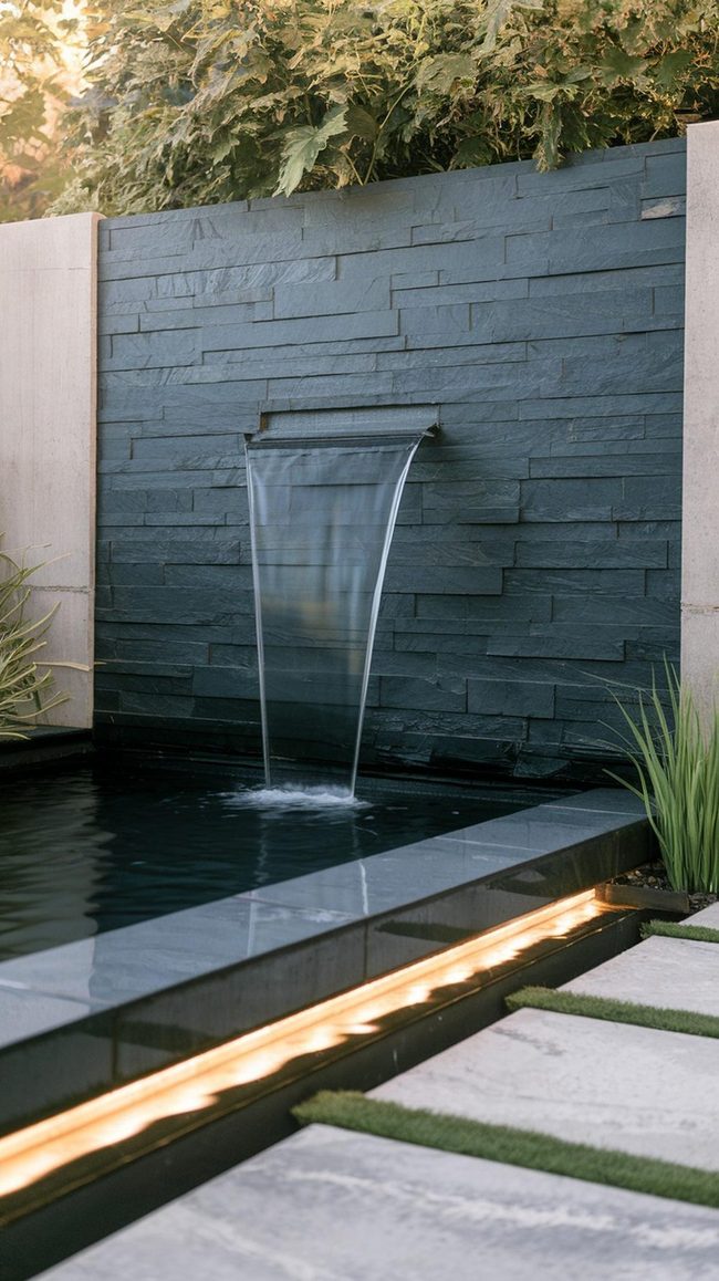 Dark Stone Waterfall with Lights