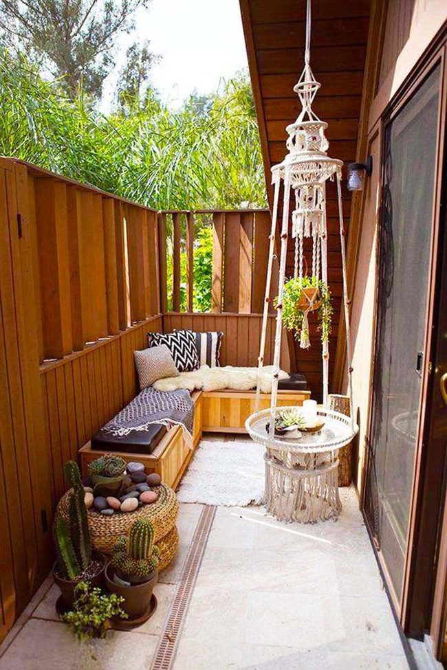 Macrame Planter Above Wooden Bench