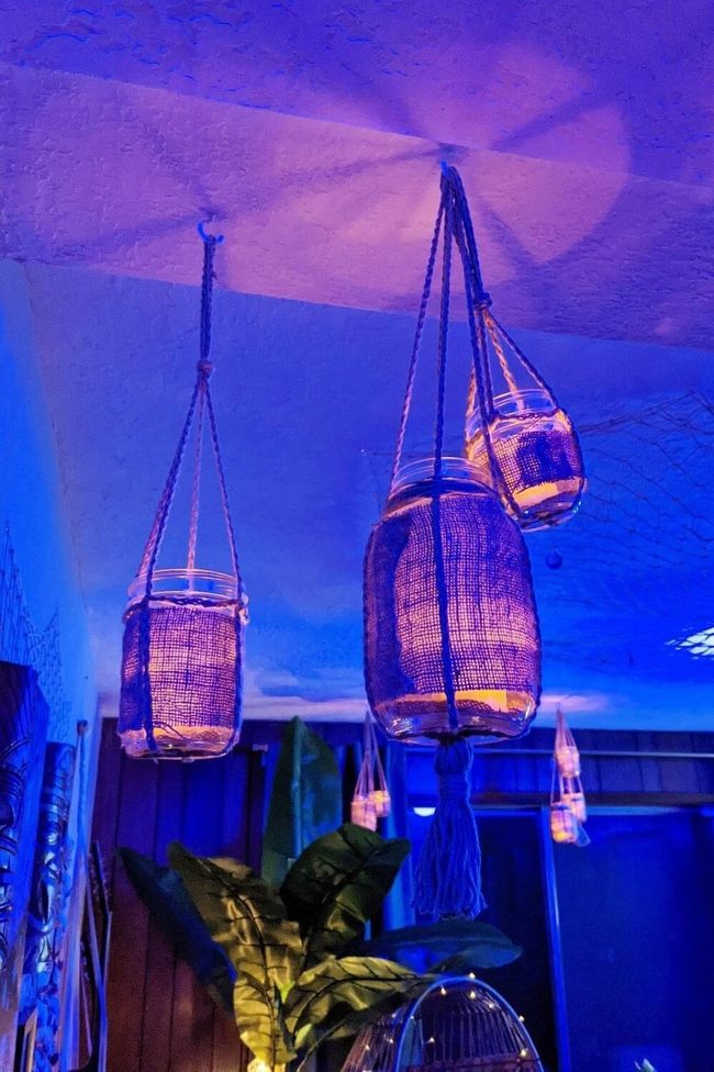 Burlap-Wrapped Glass Lanterns Overhead