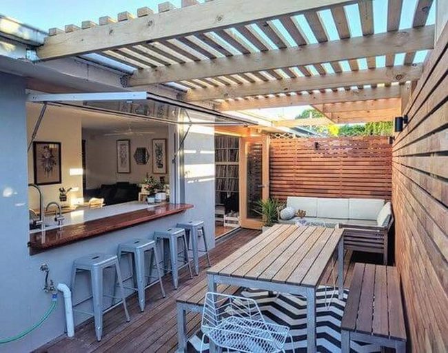 Warm Wood And Metal Outdoor Bar