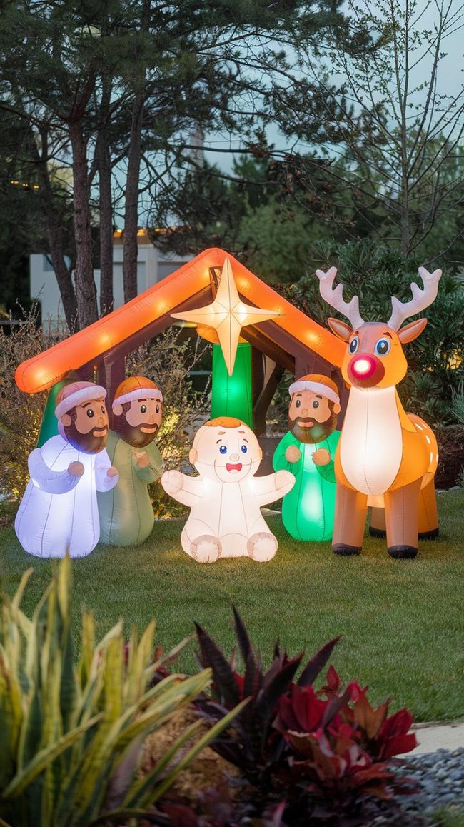 Illuminated Nativity Scenes And Animated Reindeer
