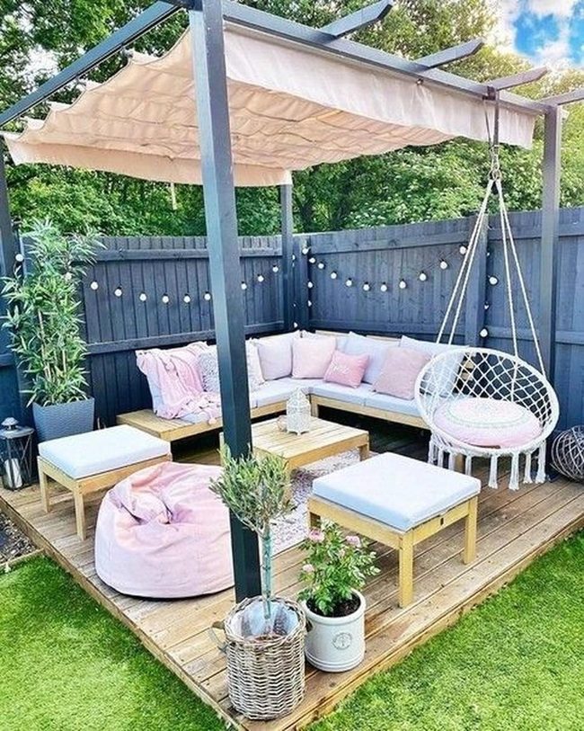 Pink Wood Deck With String Lights