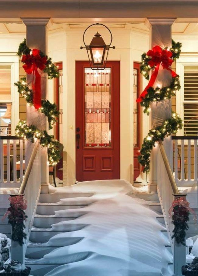Crimson Door White Columns Snow