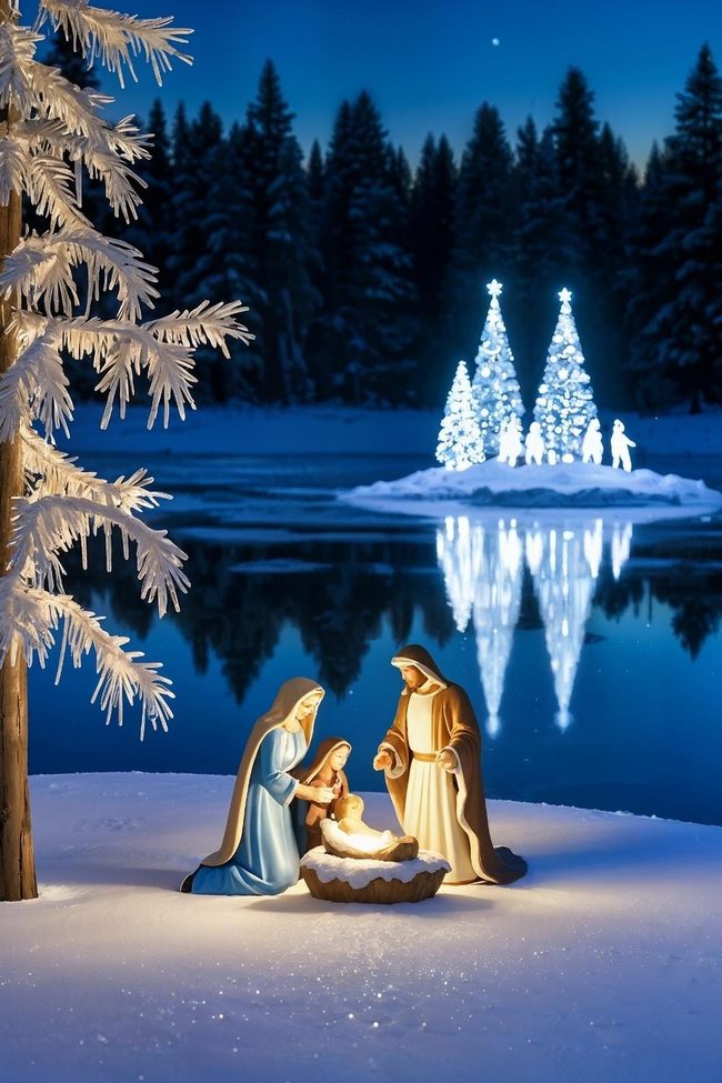 Life-Sized Nativity Reflected On Frozen Water