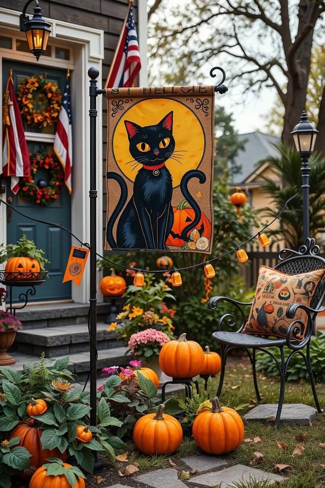Black Cat Art Nouveau Flags