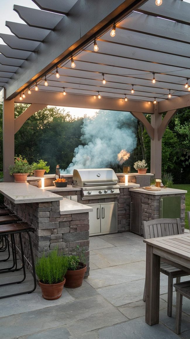 Stone Counters Under Pergola Lights