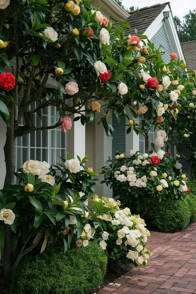 Red Camellia Blooms In Winter