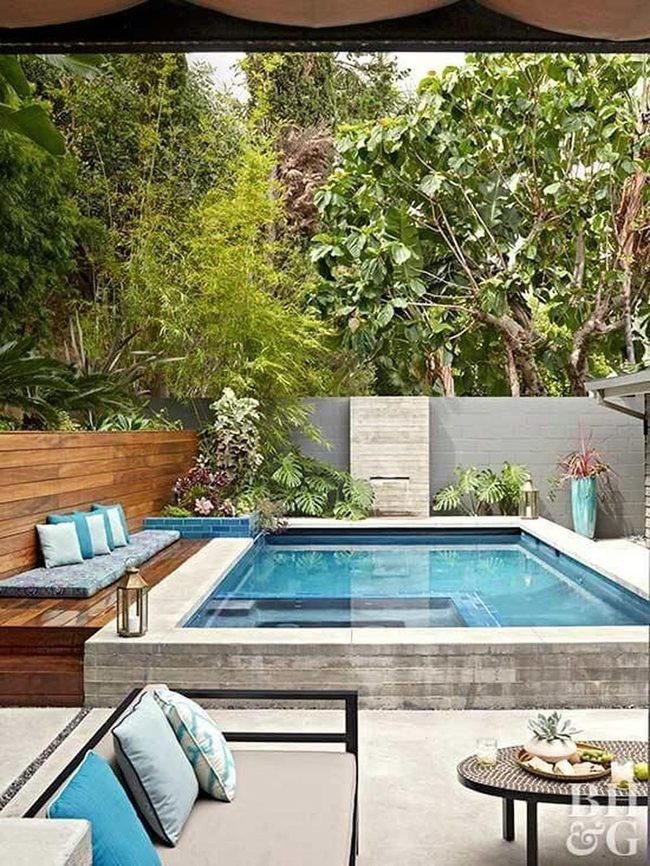 Concrete Benches Bright Cushions Water Feature