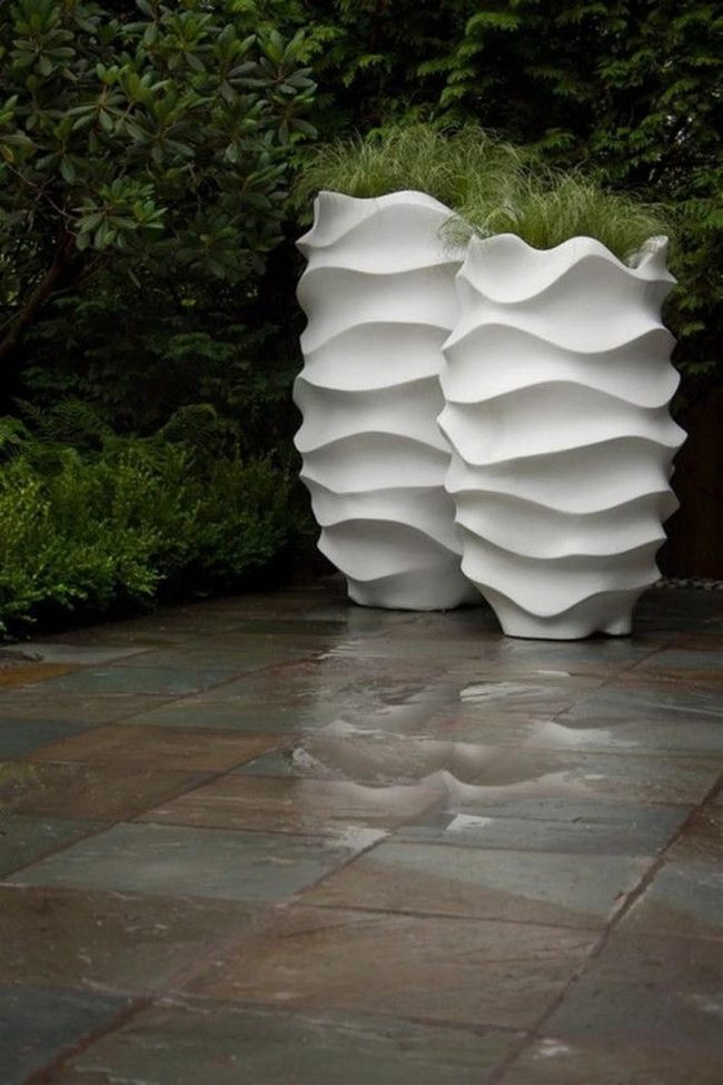 White Sculptural Planters, Lush Green Sanctuary