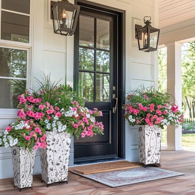 White Metal Pots With Spilling Geraniums