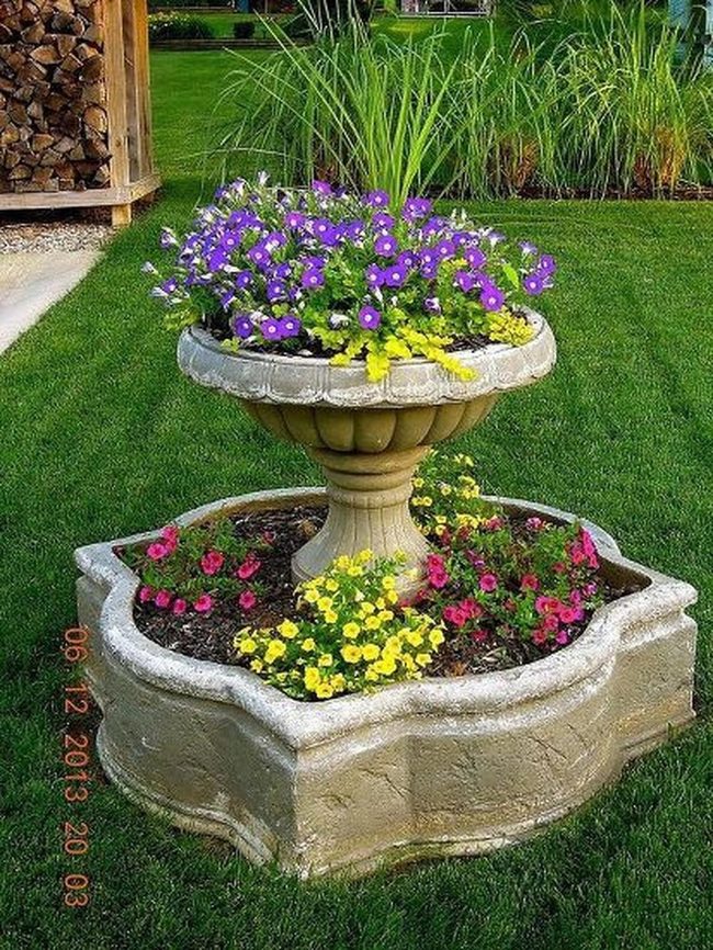 Purple Petunias Yellow Blooms Stone Planter
