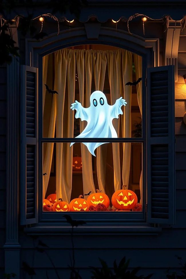 Projected Jack-O-Lantern Faces Window