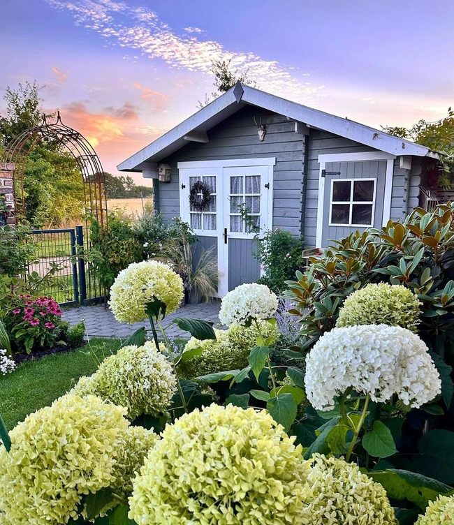 Blue-Gray Wooden Shed Garden Retreat