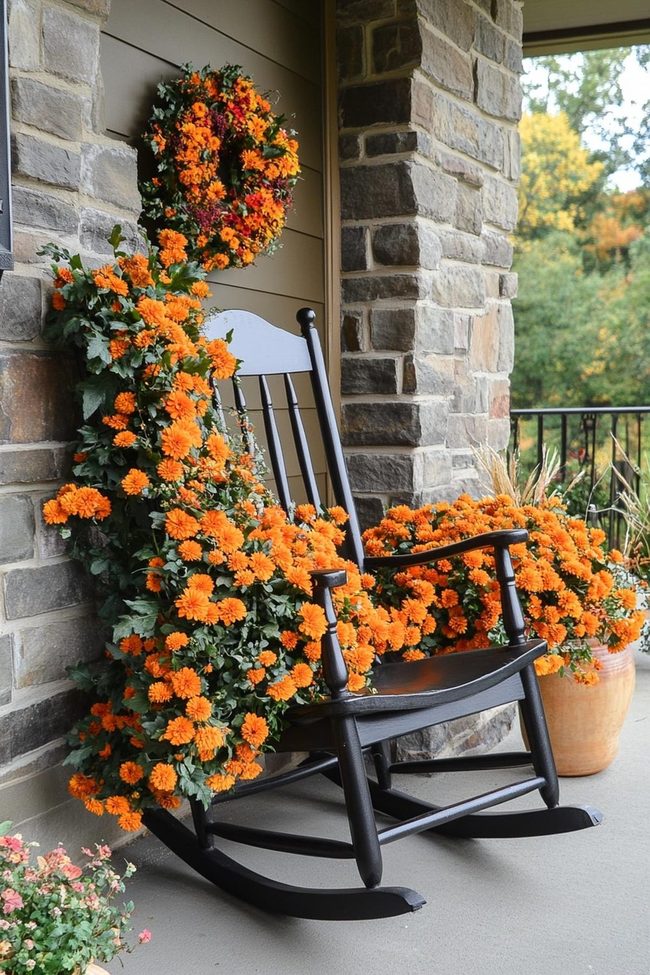 Orange Mums On Wooden Rockers