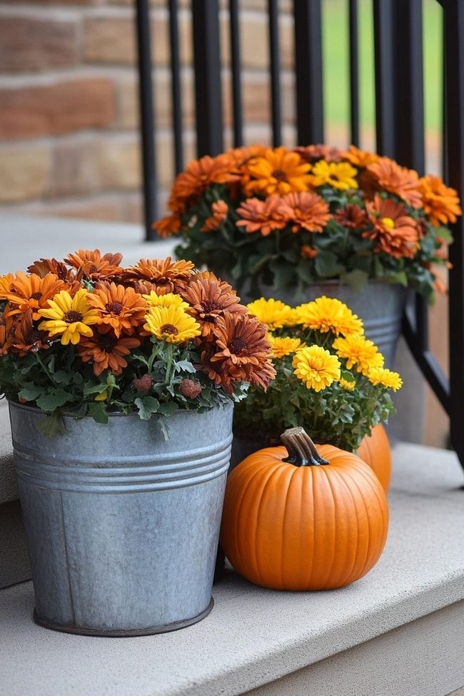 Orange Pumpkins With Colorful Mums