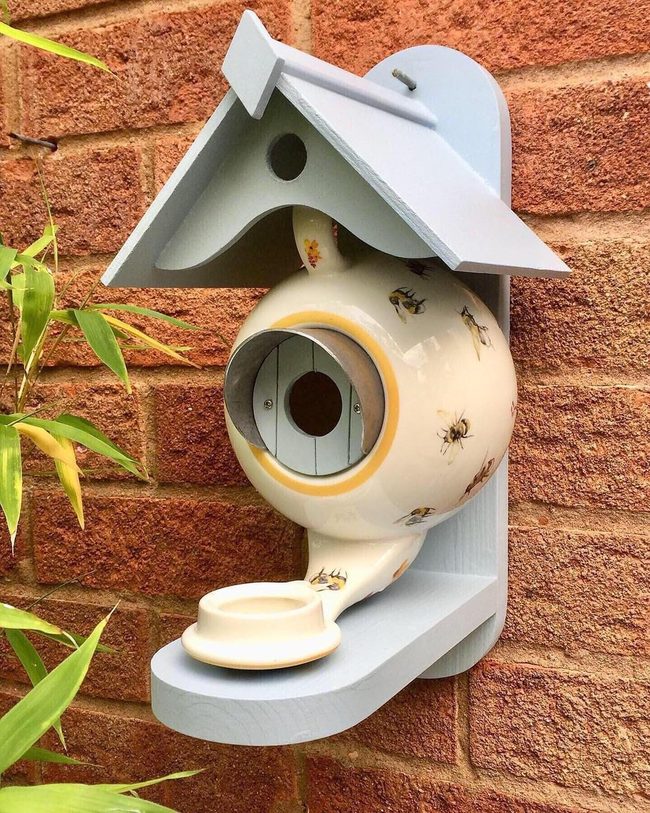 Teapot Bird Feeder With Wooden Base
