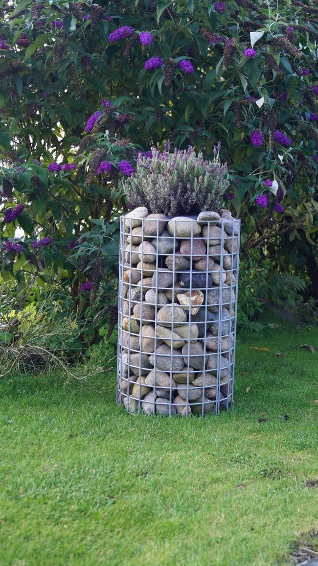 Stone-Filled Wire Columns With Climbing Vines