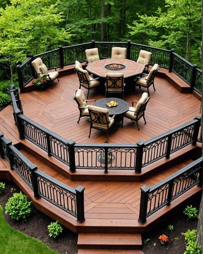 Octagonal Deck With Wrought Iron Railings
