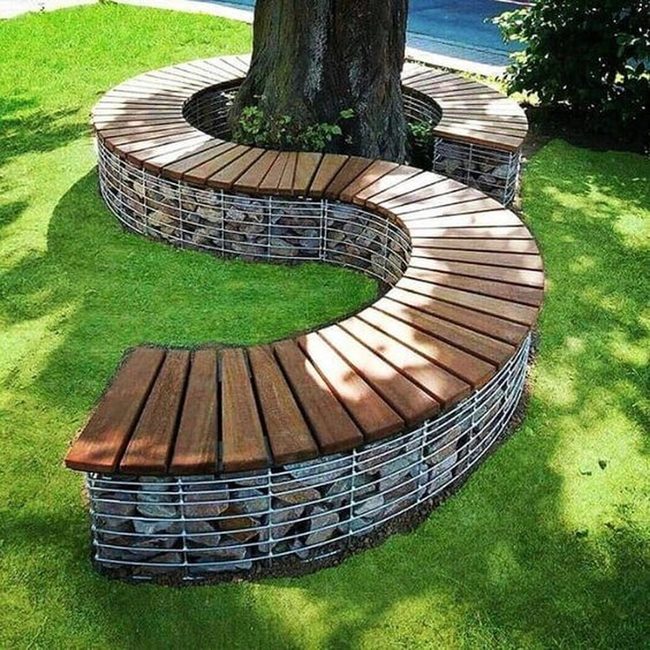Curved Wood And Stone Tree Bench