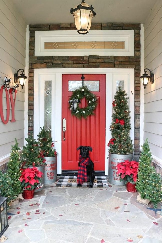 Crimson Door With Festive Porch Welcome