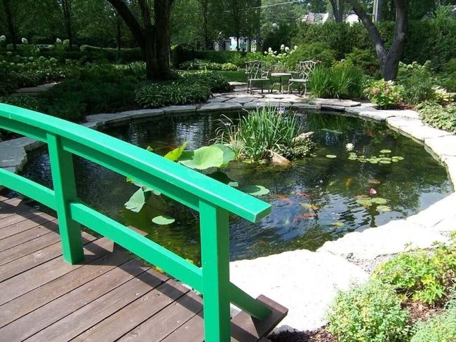 Wooden Bridge Over Backyard Pond