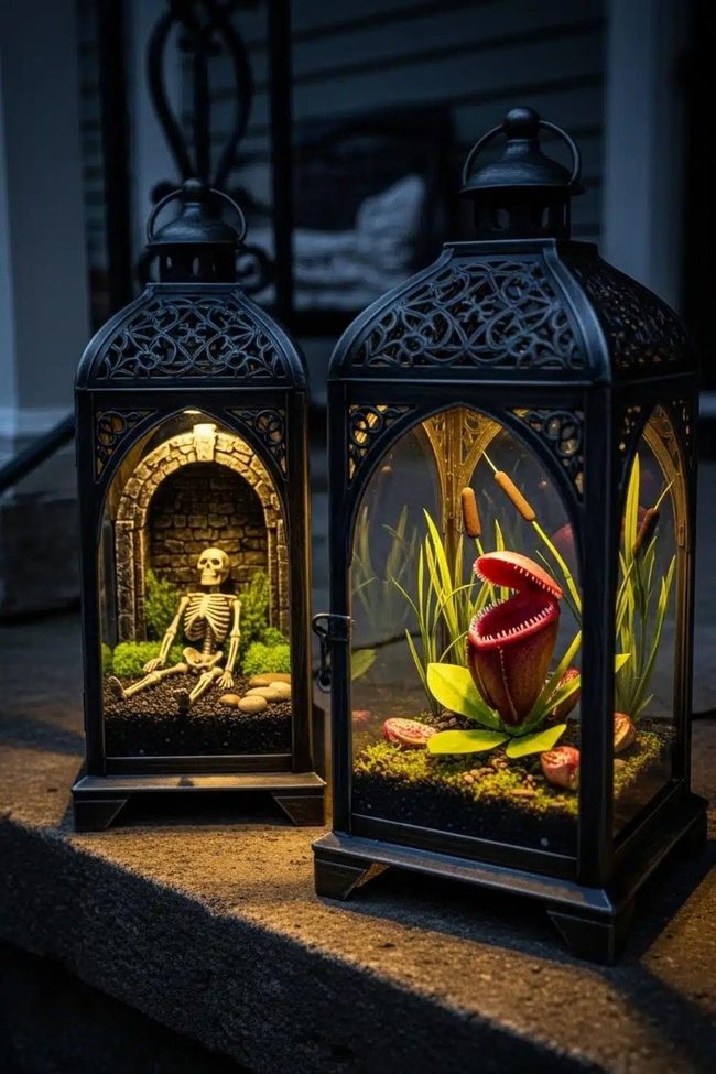 Black Glass Lanterns With Skeletons