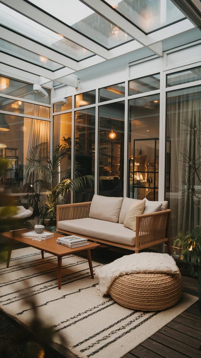 Sunlit Glass Veranda With Green Plants