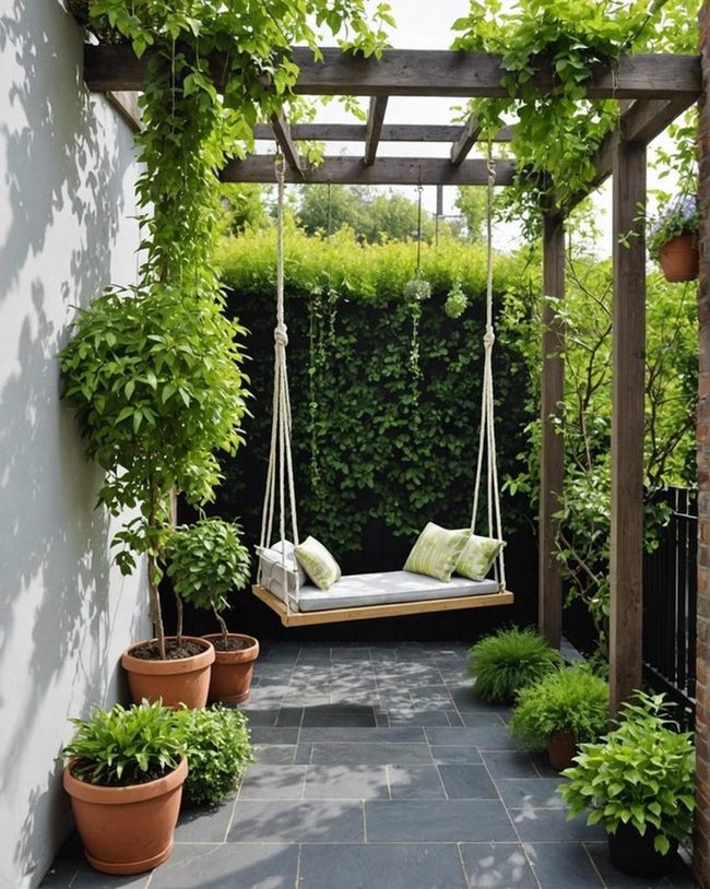 Suspended Greenery and Wooden Swing