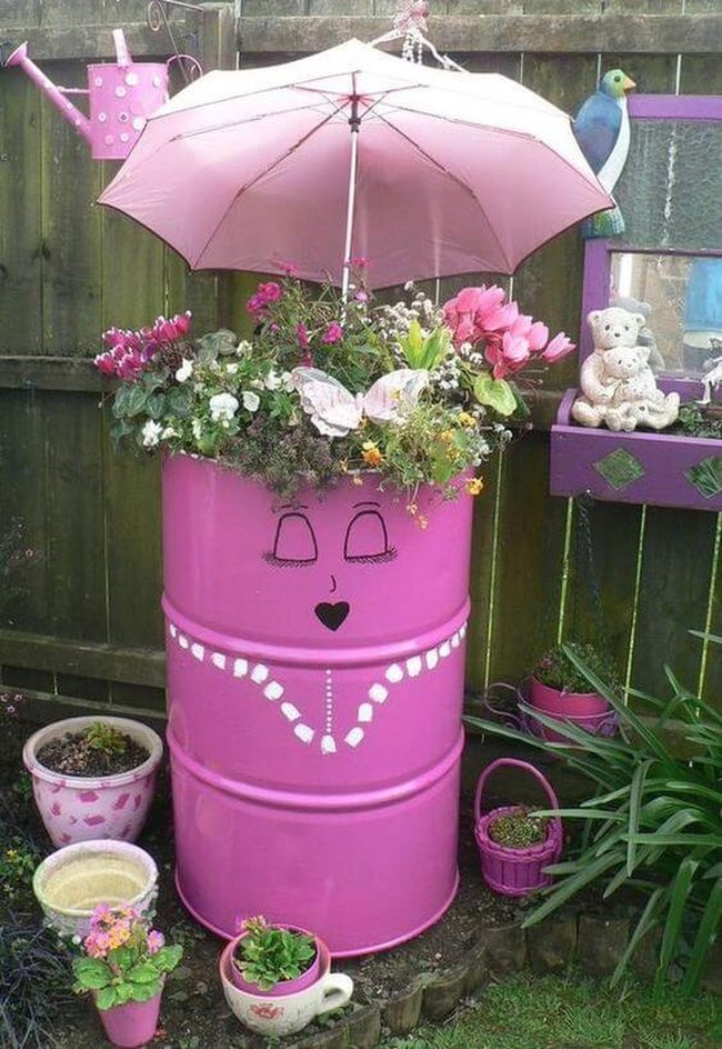 Colorful Container Garden With Umbrella Shade