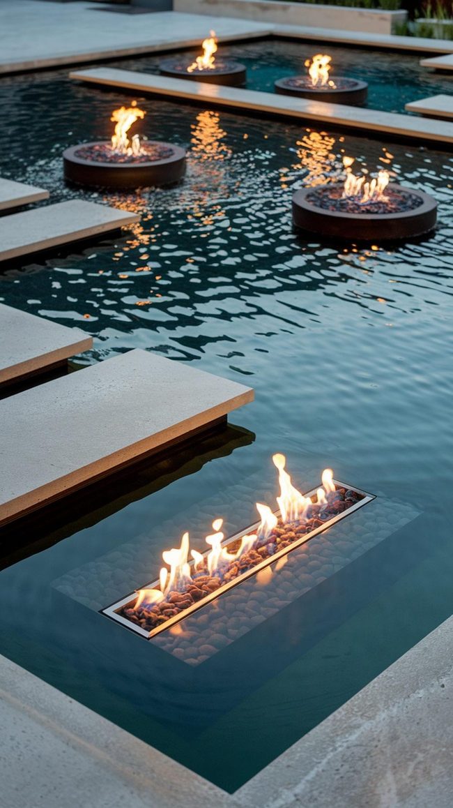 Red Led Pond with Water Lilies