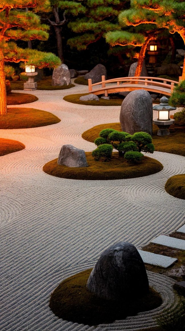 Zen Garden With Raked Sand And Stone