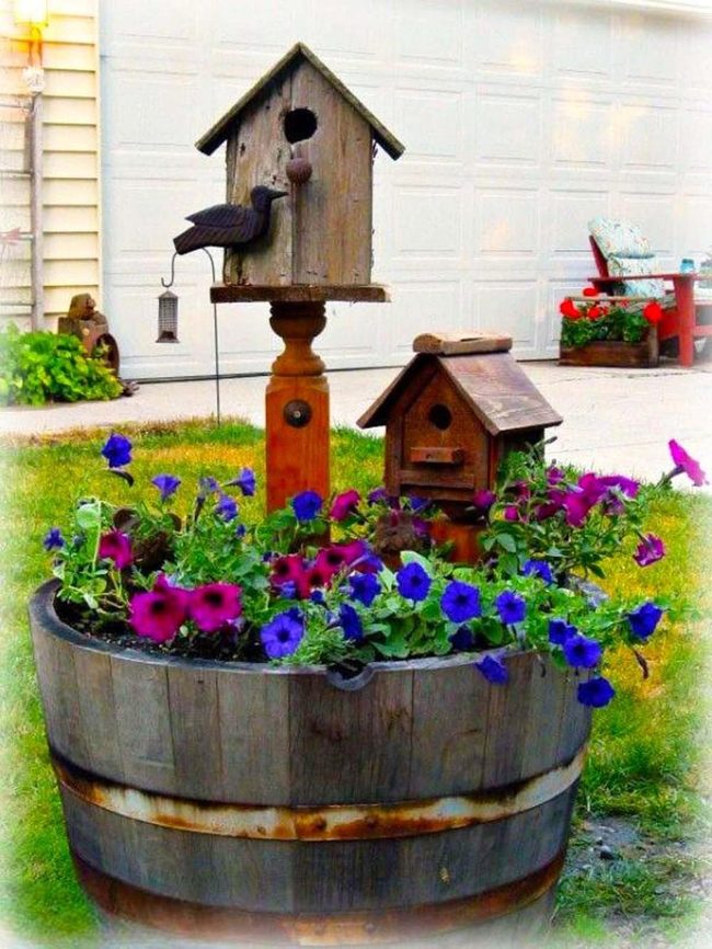 Purple Petunias In Weathered Wood
