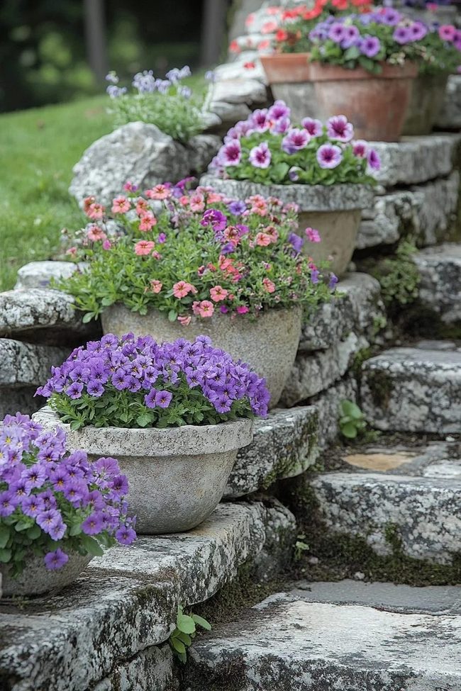Purple Blooms Cascading Down Stone Steps