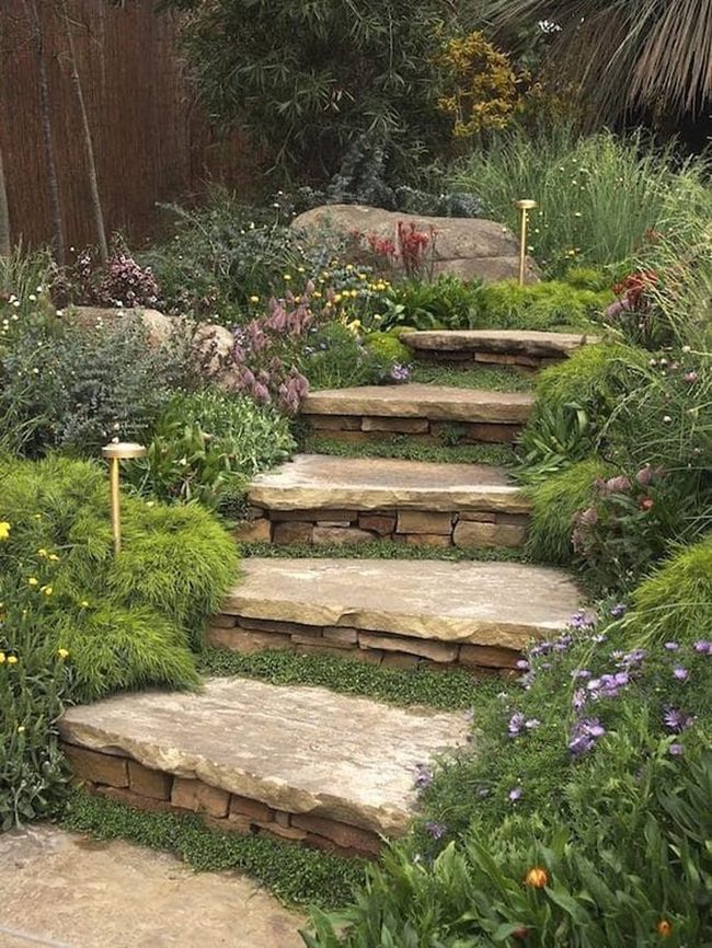 Golden Lights Through Flowering Stone Path