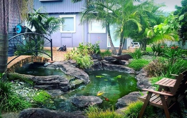 Layered Pond With Wooden Bridge