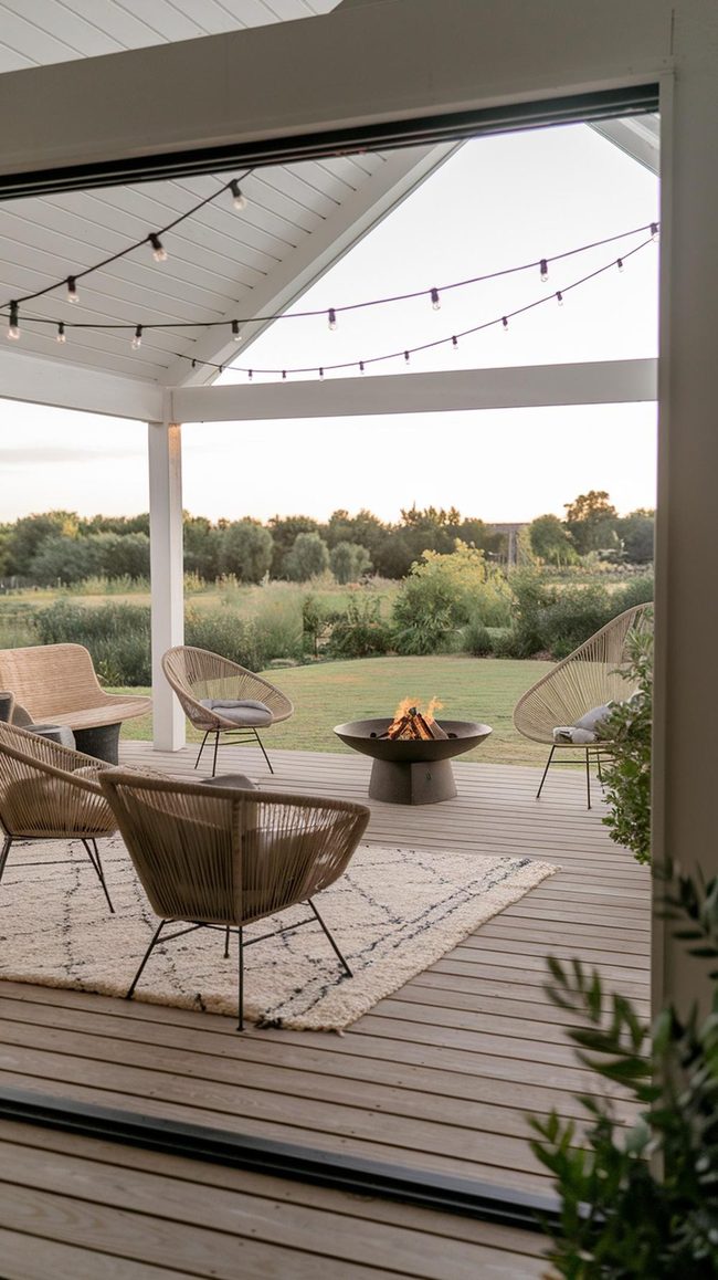 Open Wooden Veranda With String Lights