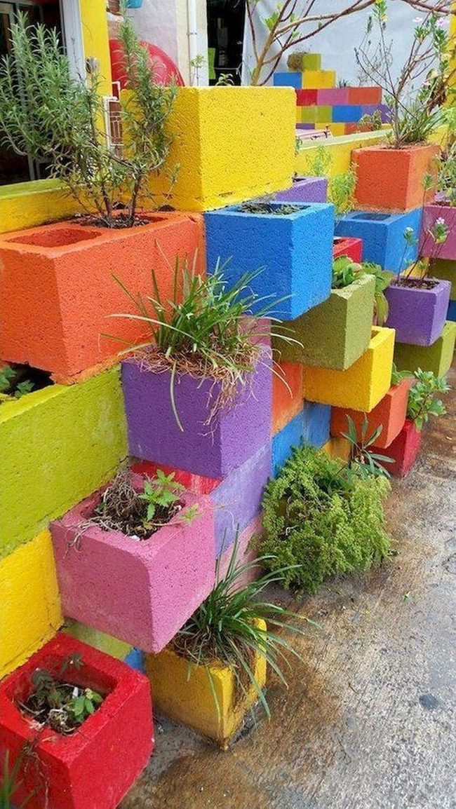 Rainbow Cinder Block Garden Art
