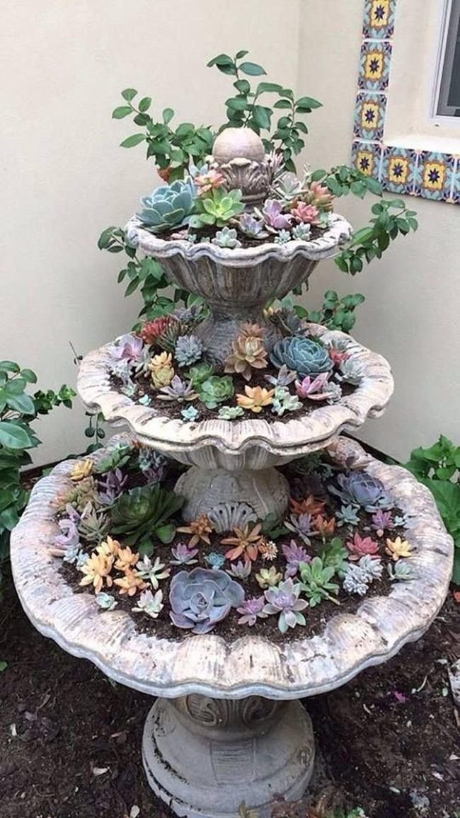 Tiered Stone Fountain Bursting Succulents