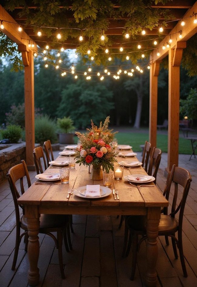 Golden String Illumination Above Wooden Table