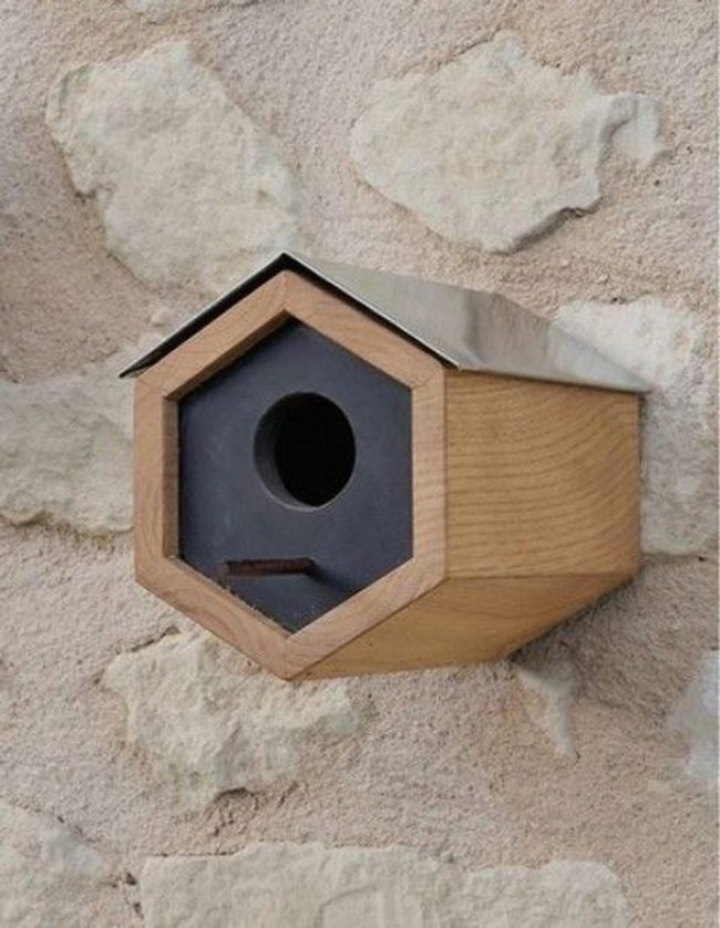 Hexagonal Wood Birdhouses With Stone