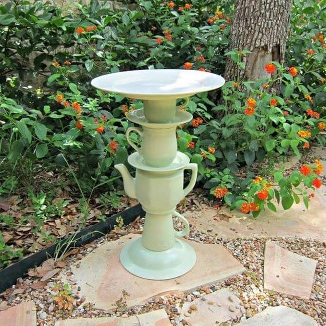 Pastel Teapot Stacked Birdbath