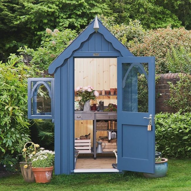 Blue Garden Shed With Wood Interior