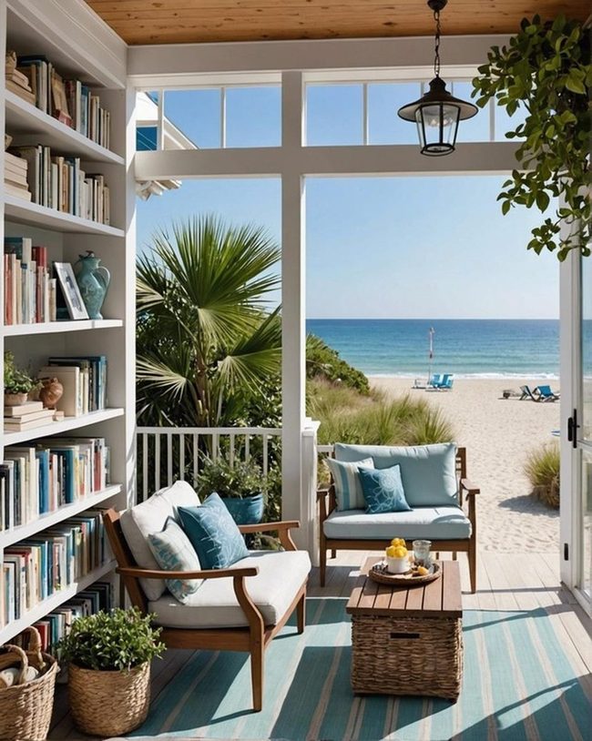 Seaside Bookshelf with Blue Cushioned Reading Chair