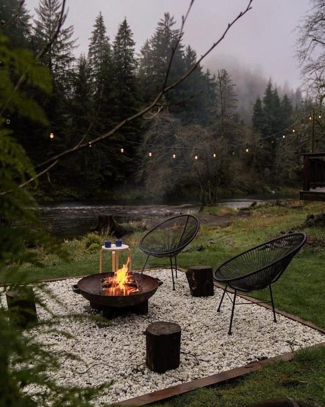 Black Chairs, Firelight, Riverside Gathering