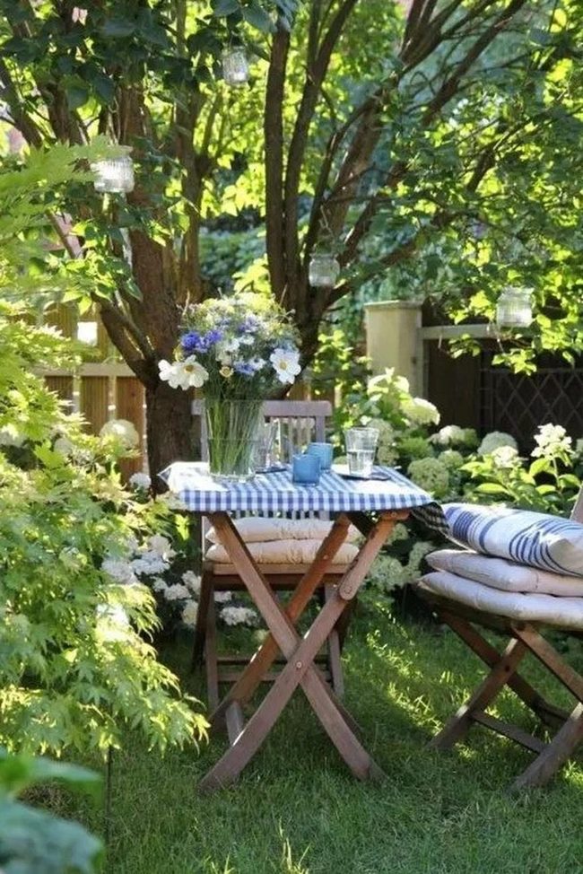 Sunlit Wooden Table Garden Nook