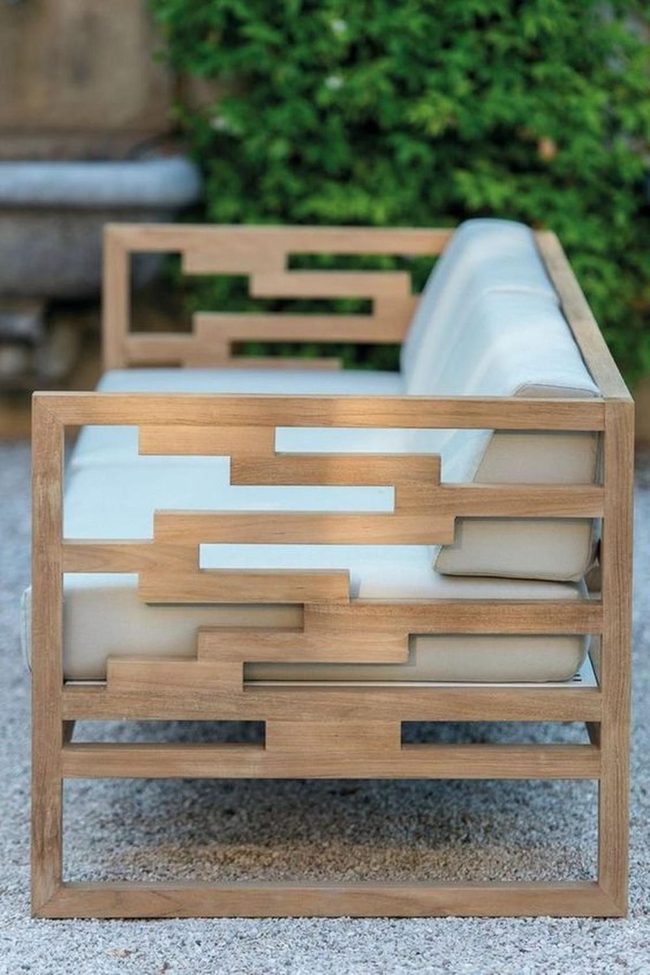 Natural Wood Benches With Geometric Lines