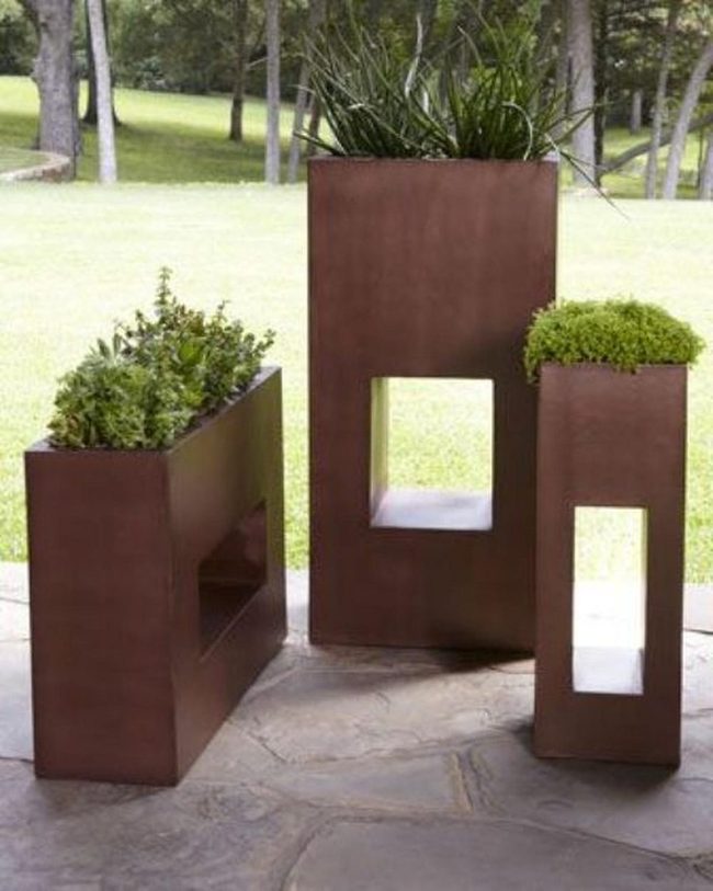 Brown Planters, Cascading Green Drama