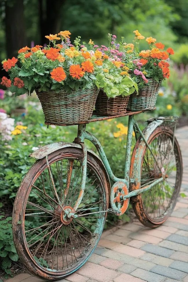 Vintage Bicycle Bursting Orange Blooms