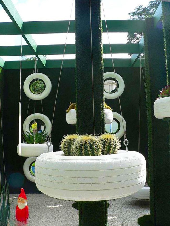 White Tire Planters, Green Statement